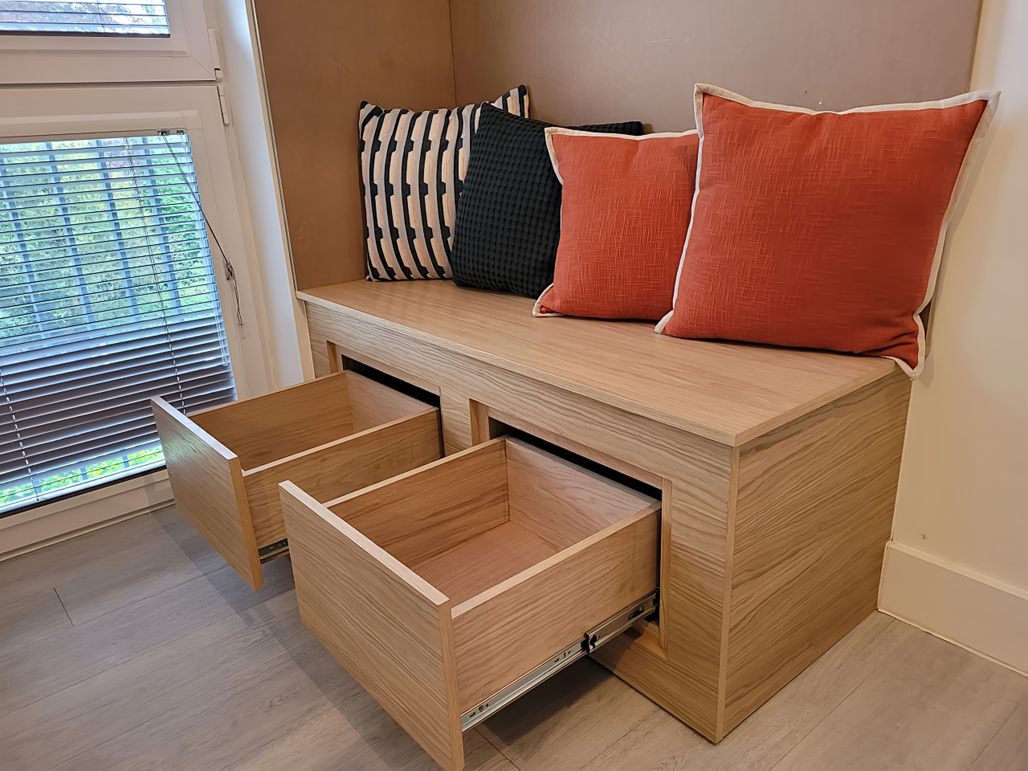 Under bench seating integrated storage drawers