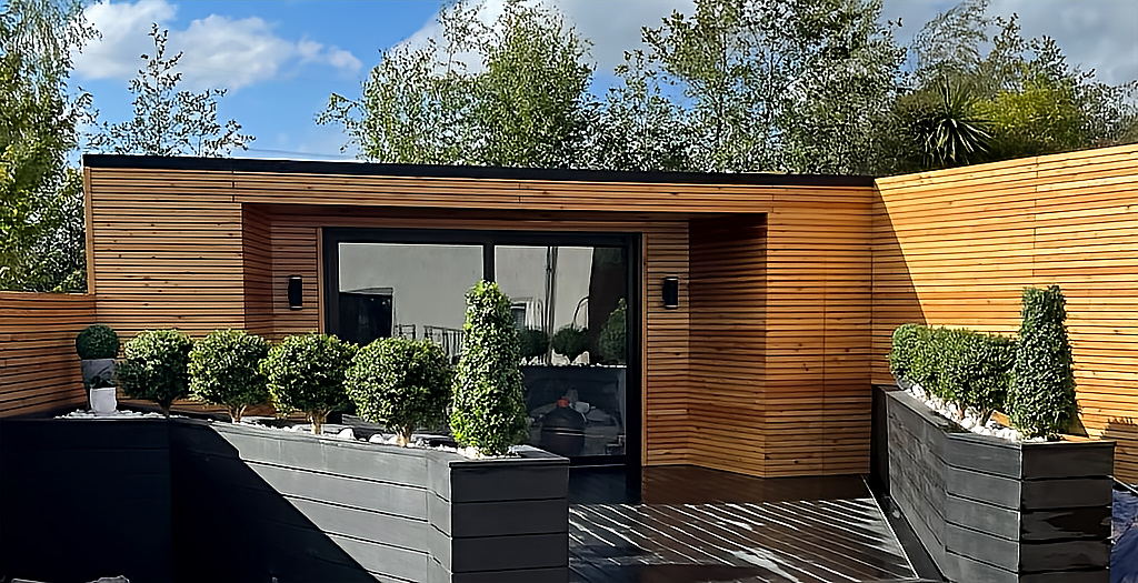 Luxury larch clad garden cabin exterior in Glasgow