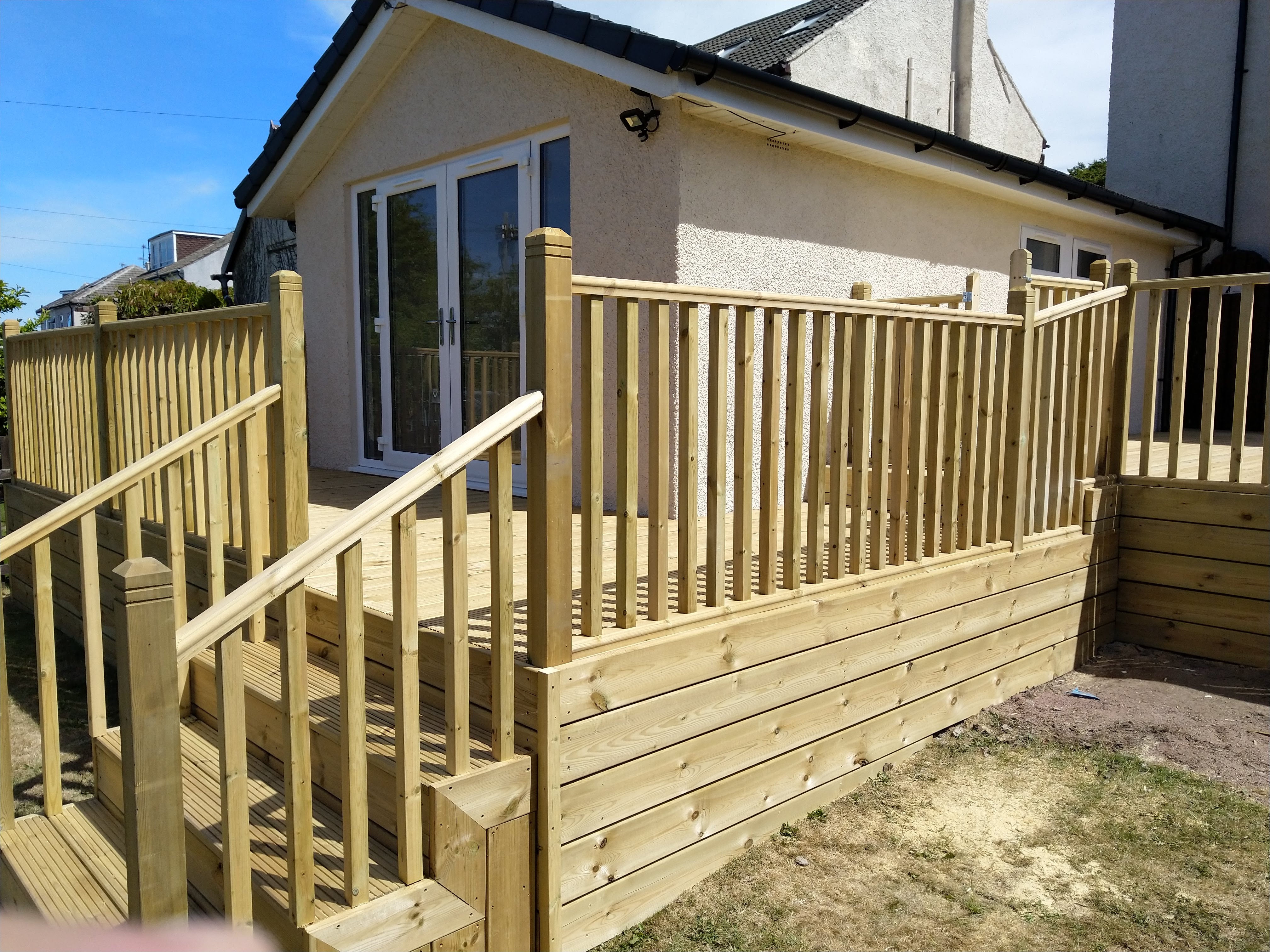 Extended multi level timber decking platform layout